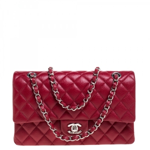 Pre Owned Chanel Red Quilted Caviar Leather Medium Classic Double Flap Bag