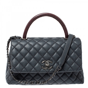 Pre Owned Chanel Grey/Burgundy Caviar Leather and Lizard Medium Coco Top Handle Bag