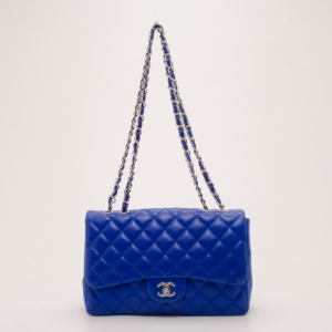 Pre Owned Chanel Electric Blue Jumbo Lambskin Flap Bag 