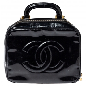 Pre Owned Chanel Black Patent Leather Vintage CC Vanity Case Top Handle Bag