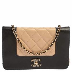 Chanel Black/Beige Leather Glams Wallet On Chain