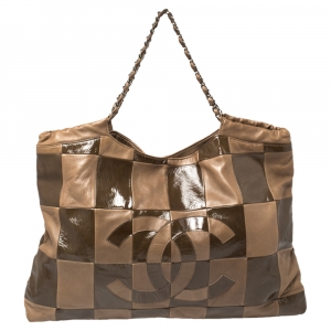 Pre Owned Chanel Brown Leather and Patent Leather Large Brooklyn Patchwork Cabas Tote 