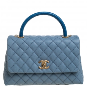 Pre Owned Chanel Blue Caviar Leather and Lizard Medium Coco Top Handle Bag