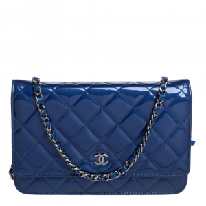 Chanel Blue Quilted Patent Leather Classic Wallet on Chain
