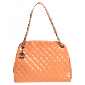 Pre Owned Chanel Peach Quilted Patent Leather Medium Just Mademoiselle Bowler Bag