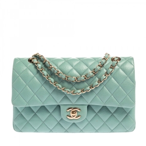 Pre Owned Chanel Mint Green Quilted Caviar Leather Medium Classic Double Flap Bag