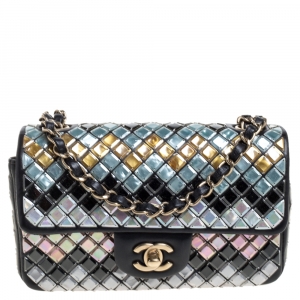 Pre Owned Chanel Black Leather New Mini Mosaic Embroidered Flap Bag