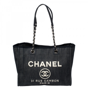 Pre Owned Chanel Navy Blue Denim Medium Deauville Shopper Tote