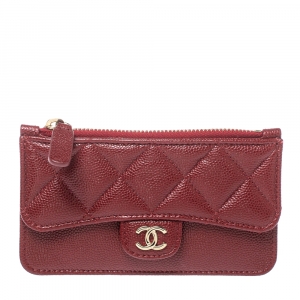 Chanel Maroon Quilted Caviar Leather Classic Zip Flap Card Holder 