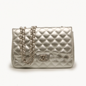 Pre Owned Chanel Lambskin Silver Jumbo Flap Bag