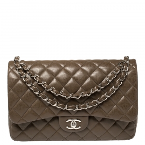 Pre Owned Chanel Coffee Brown Quilted Caviar Leather Jumbo Classic Double Flap Bag