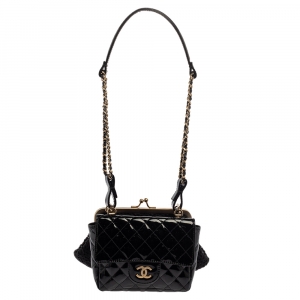 Pre Owned Chanel Black Patent Leather and Lace Mini Kiss Lock Double Sided Bag