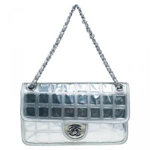 Pre Owned Chanel Silver Leather Ice Cube Limited Edition Flap Bag