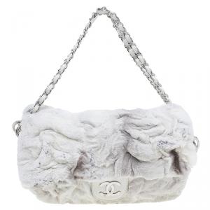Pre Owned Chanel White Rabbit Fur and Leather Flap Bag