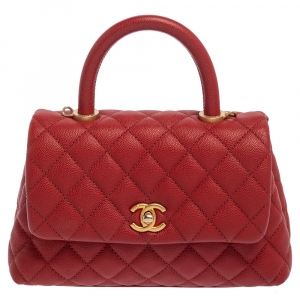Pre Owned Chanel Orange Quilted Caviar Leather Mini Coco Top Handle Bag