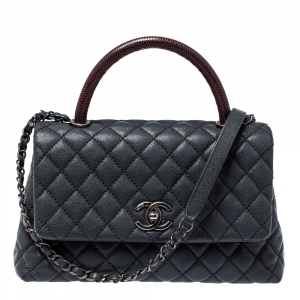 Pre Owned Chanel Grey/Burgundy Caviar Leather and Lizard Medium Coco Top Handle Bag