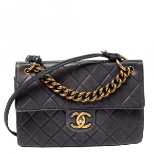 Pre Owned Chanel Grey Quilted Caviar Leather`Chain Top Handle Bag
