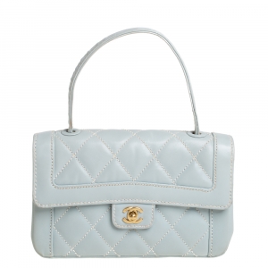Pre Owned Chanel Minty Green Wild Stitch Leather Small Flap Top Handle Bag