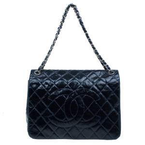 Pre Owned Chanel Ink Blue Glazed Crackled Leather Giant Flap Bag