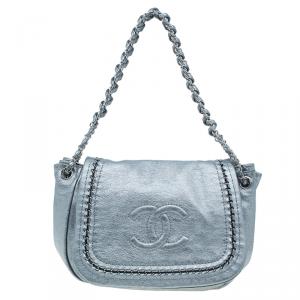 Pre Owned Chanel Silver Leather Jumbo Luxe Ligne Flap Bag