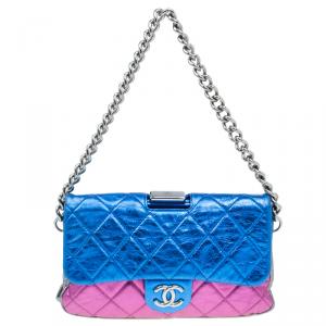 Pre Owned Chanel Metallic Tri Color Quilted Crackled Leather Pouch Flap Bag