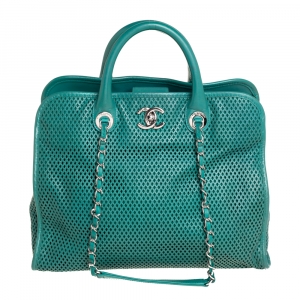 Pre Owned Chanel Green Perforated Leather Up In The Air Tote 