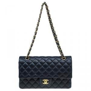 Pre Owned Chanel Black Quilted Lambskin Medium Double Flap Bag