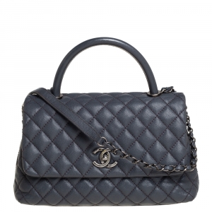 Pre Owned Chanel Grey Quilted Caviar Leather Medium Coco Top Handle Bag