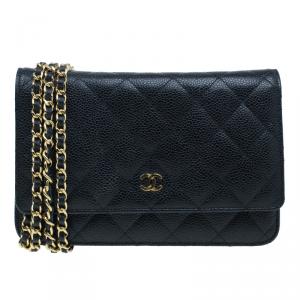 Pre Owned Chanel Black Quilted Caviar Leather WOC Clutch Bag