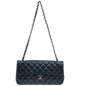 Pre Owned Chanel Black Quilted Lambskin East West Flap Bag