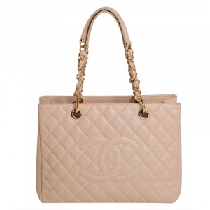 Pre Owned Chanel Cream Quilted Caviar Leather Grand Shopper Tote