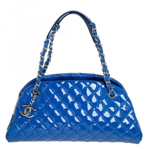 Pre Owned Chanel Blue Quilted Patent Medium Just Mademoiselle Bowling Bag