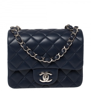 Pre Owned Chanel Navy Blue Quilted Lambskin Leather Mini Square Flap Bag