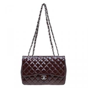Chanel Burgundy Quilted Patent Leather Jumbo Classic Single Flap Bag