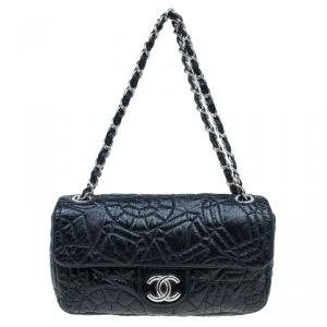 Pre Owned Chanel Black Patent Leather Embossed Medium Flap Bag