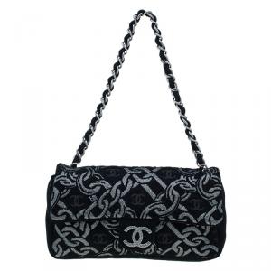 Pre Owned Chanel Black/Silver Tweed Cruise Collection Chain Flap Bag
