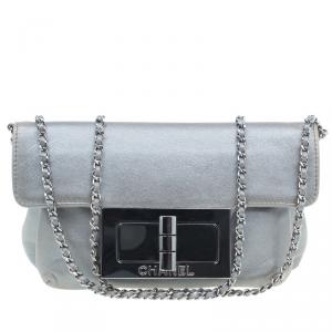 Chanel Silver Leather Mademoiselle Lock Evening Flap Bag