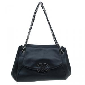 Pre Owned حقيبة يد شانيل طية أكورديون سنسيوال جلد ناعم أسود