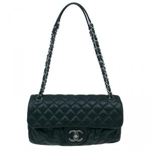 Pre Owned Chanel Black Quilted Washed Leather Medium Iridescent Flap Bag