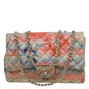 مملوكة مسبقًا حقيبة يد شانيل طية أمامية كلاسيك نقوش أزهار جامبو 