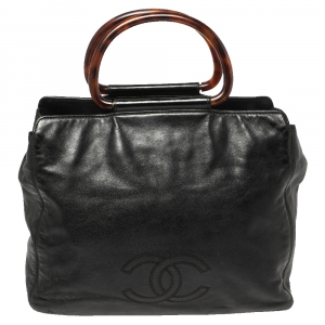 Pre Owned Chanel Black Soft Leather CC Tortoise Ring Handle Tote