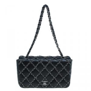 Pre Owned Chanel Black Quilted Chain Embellished Leather Full Flap Bag