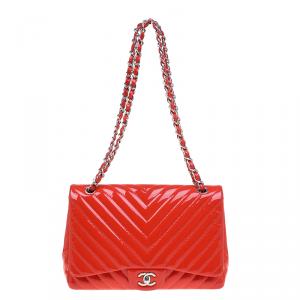 Pre Owned Chanel Coral Quilted Patent Leather Chevron Jumbo Classic Flap Bag