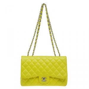 Chanel Yellow Quilted Caviar Leather Jumbo Classic Single Flap Bag