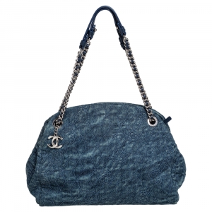 Pre Owned Chanel Blue Camellia Embroidered Denim and Leather Large Just Mademoiselle Bowler Bag