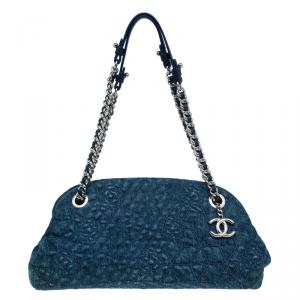 Chanel Blue Denim Camellia Embroidered Just Mademoiselle Bowling Bag