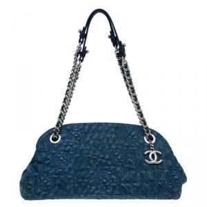 Pre Owned Chanel Blue Denim Camellia Embroidered Just Mademoiselle Bowling Bag