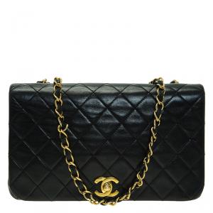 Pre Owned Chanel Black Quilted Lambskin Leather Vintage Full Flap Bag