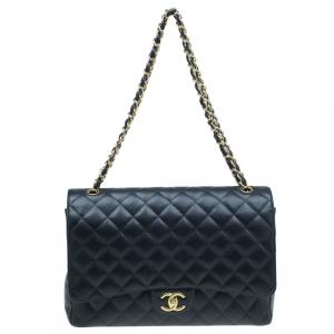Pre Owned Chanel Black Quilted Caviar Leather Maxi Classic Double Flap Bag