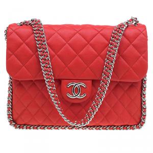 Pre Owned Chanel Red Quilted Leather Maxi Chain Around Flap Bag